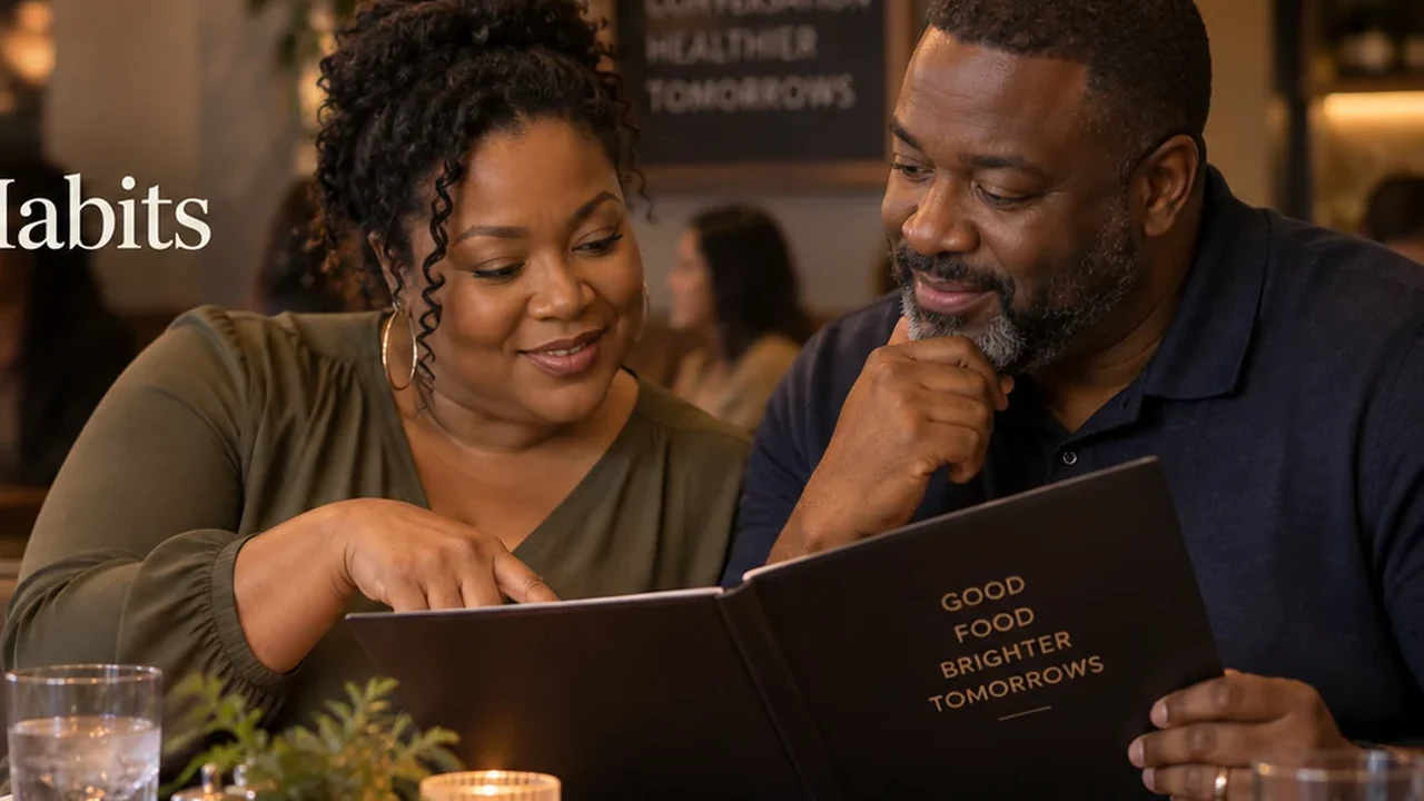 A couple reviewing choices together during an everyday outing.