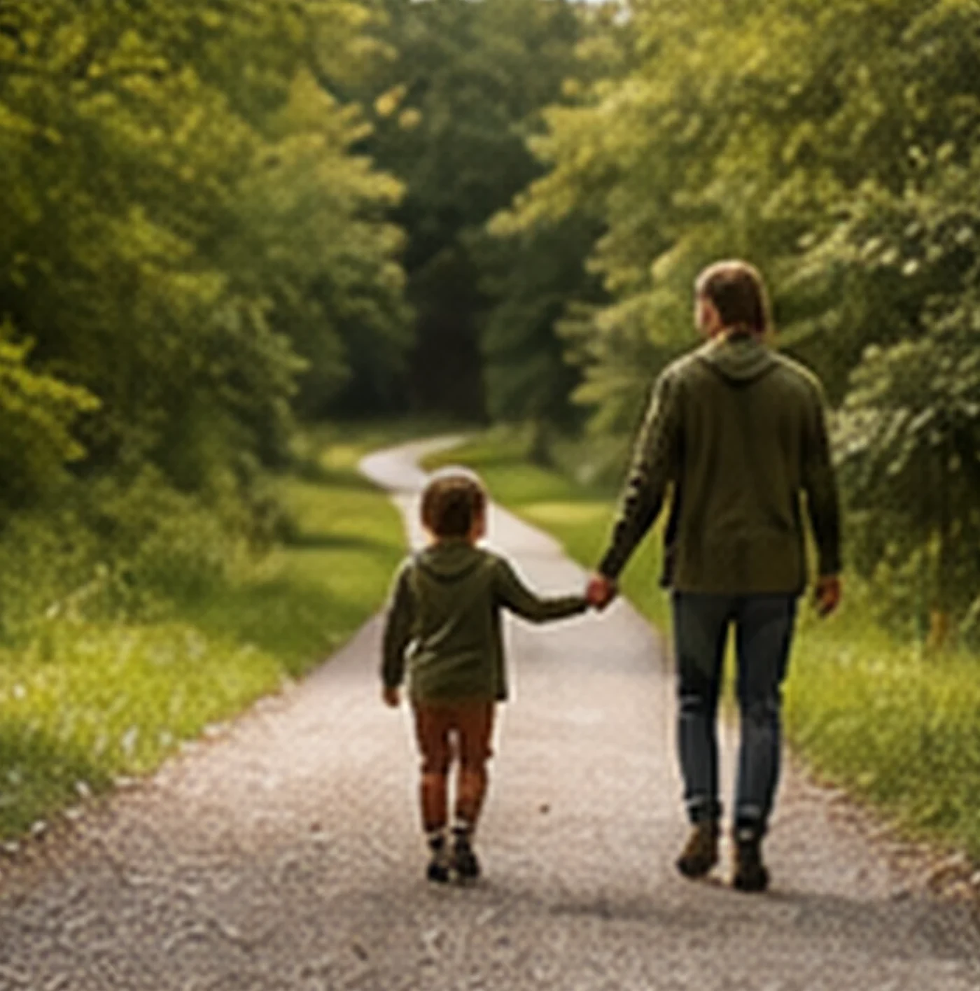An adult and child walking together along a wooded trail.