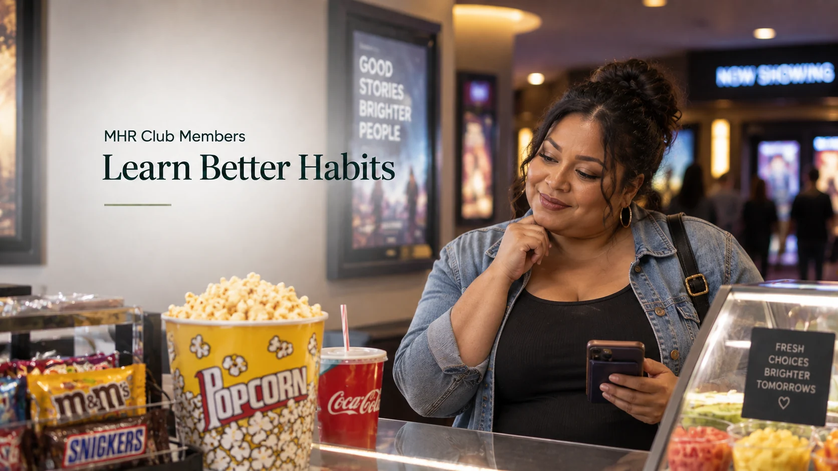 MHR Club member at a movie theater concession counter.