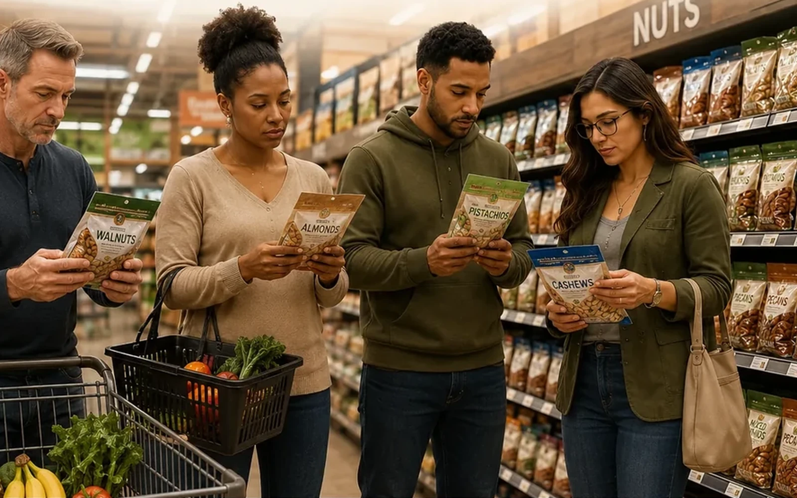 A shopper comparing grocery choices